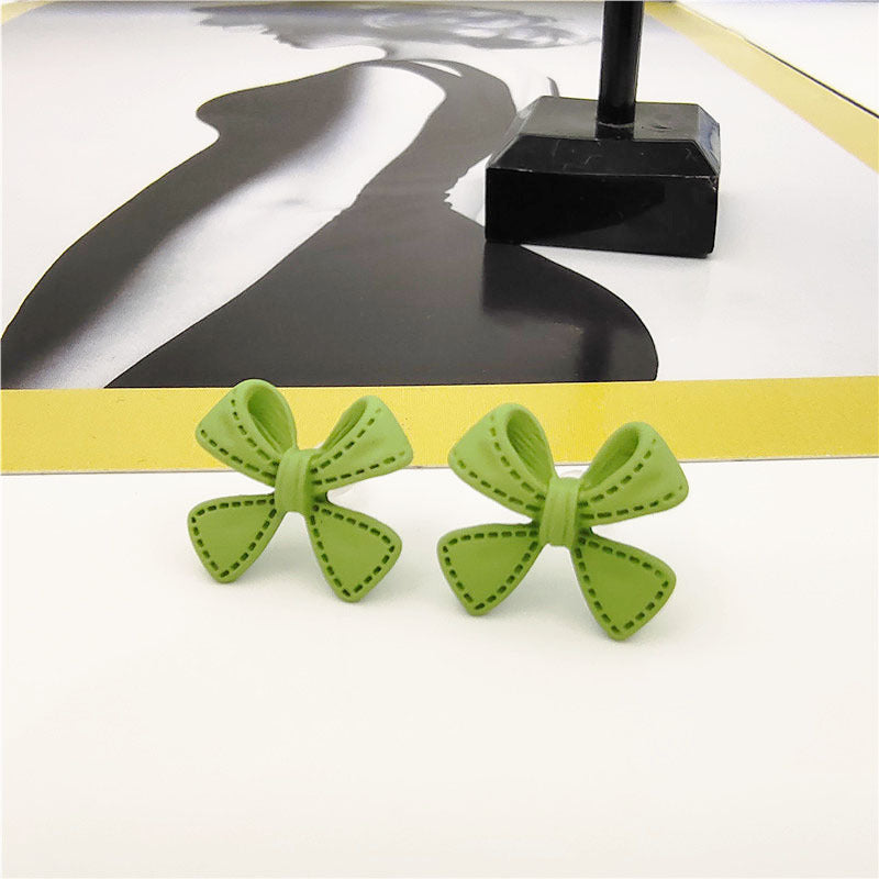 Green Bow Tie Stud Earrings For Women With Stoving Varnish Alloy And Artificial Gemstones