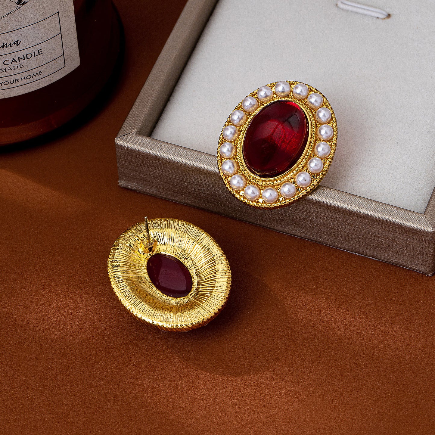 Oval Stud Earrings For Women In Wine Red Featuring Imitation Pearl With 925 Sterling Silver Ear Pins