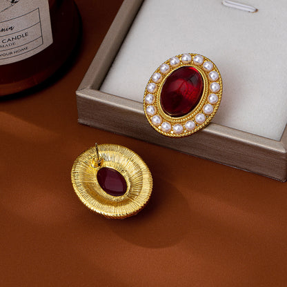 Oval Stud Earrings For Women In Wine Red Featuring Imitation Pearl With 925 Sterling Silver Ear Pins