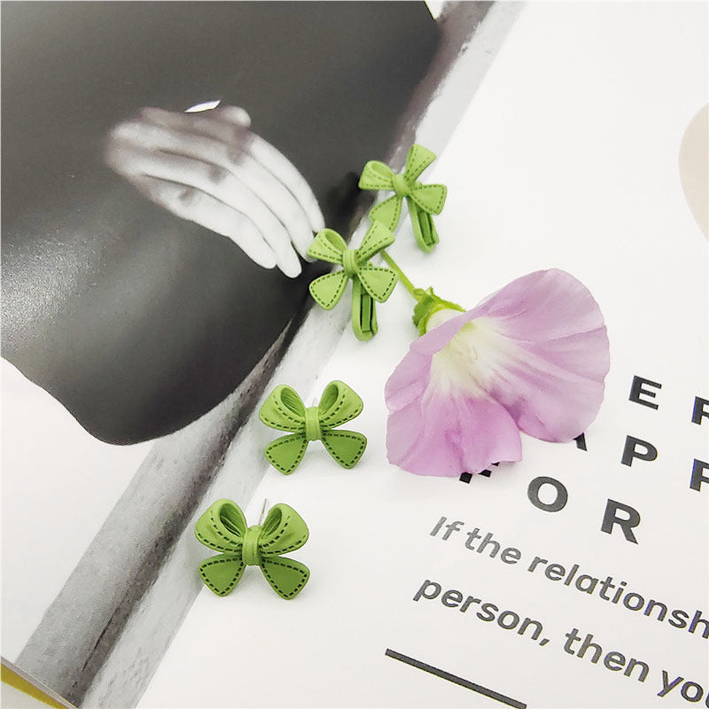 Green Bow Tie Stud Earrings For Women With Stoving Varnish Alloy And Artificial Gemstones