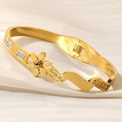Sweet Flowers Bangle For Women In Gold, Electroplated Titanium Steel Jewelry