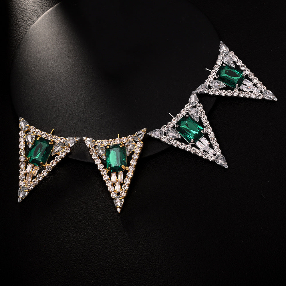 Trillion-cut Silver Alloy Earrings For Women With Exaggerated Style And Rhinestone Inlay