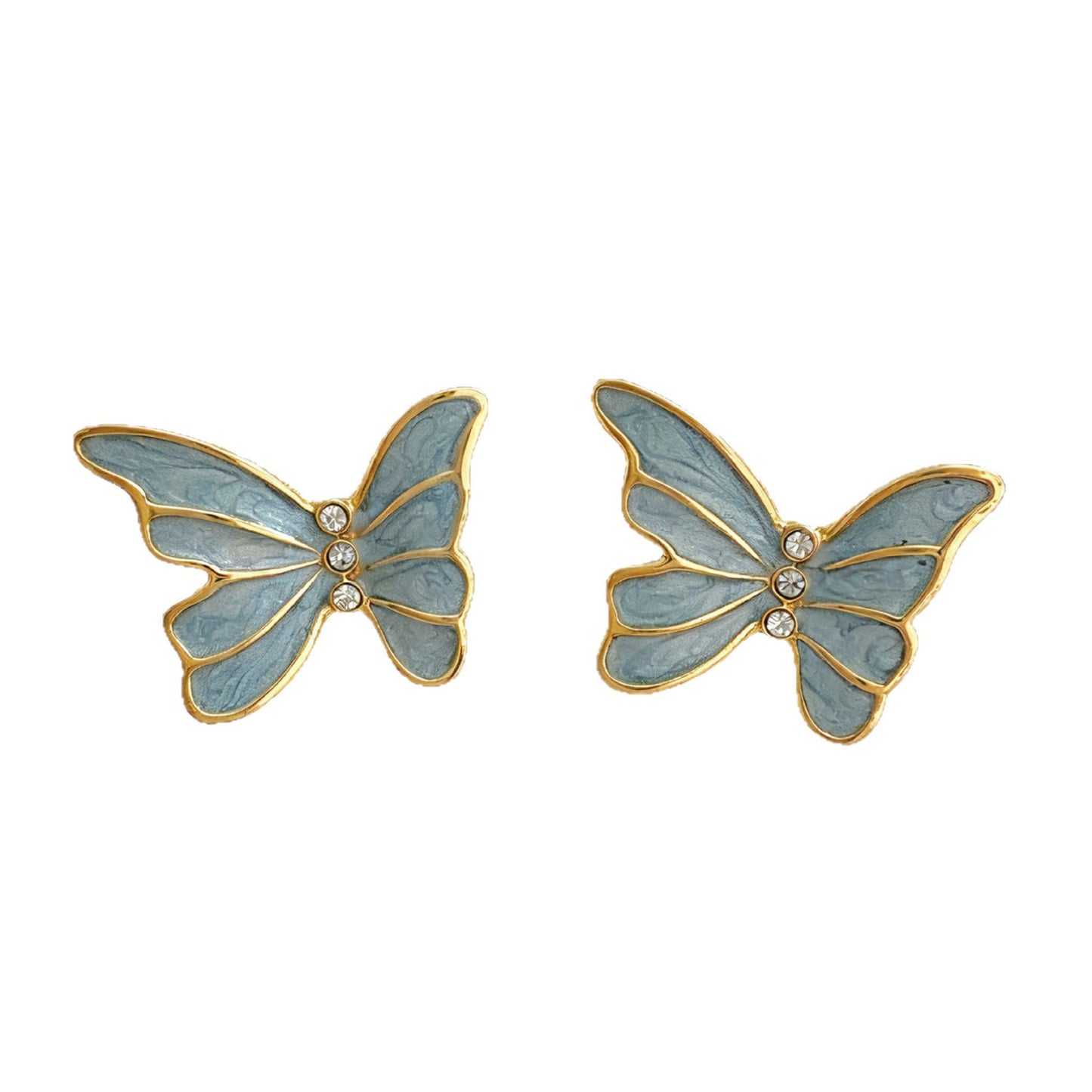 Cute Three-dimensional Butterfly Stud Earrings For Unisex In Blue Alloy With Rhinestones