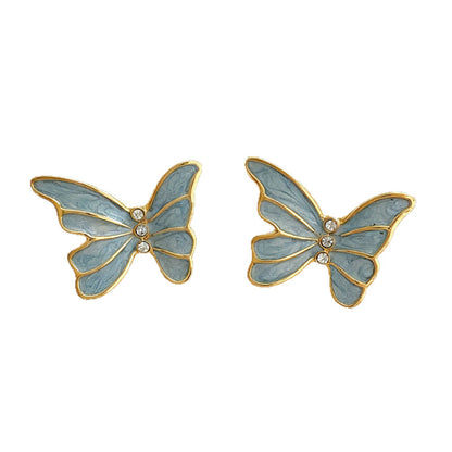 Cute Three-dimensional Butterfly Stud Earrings For Unisex In Blue Alloy With Rhinestones