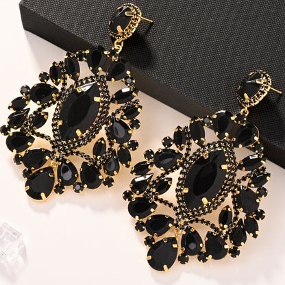 Luxurious Geometric Earrings For Women Featuring Elaborate Craft In Dyed Black Alloy With Rhinestone Inlay