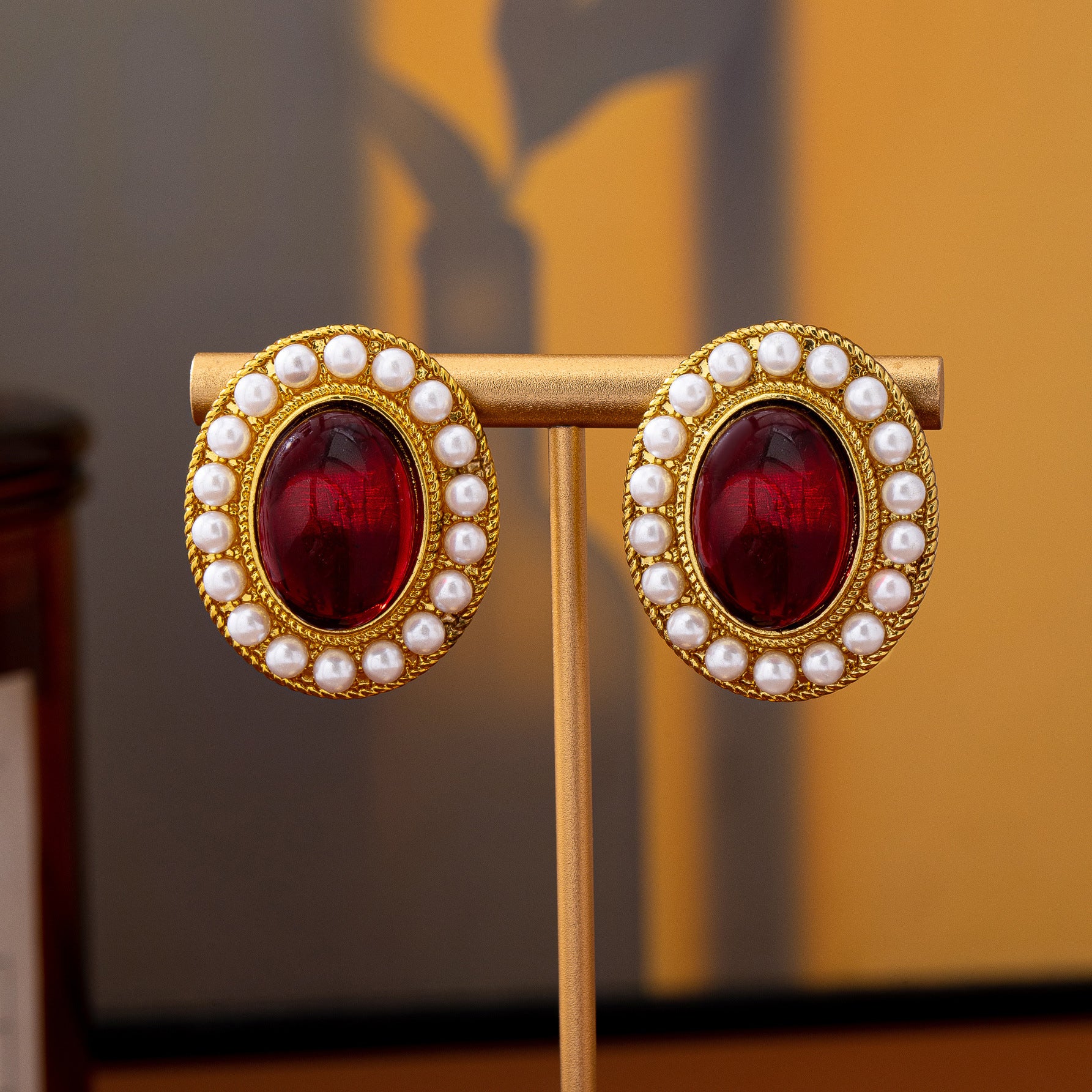 Oval Stud Earrings For Women In Wine Red Featuring Imitation Pearl With 925 Sterling Silver Ear Pins