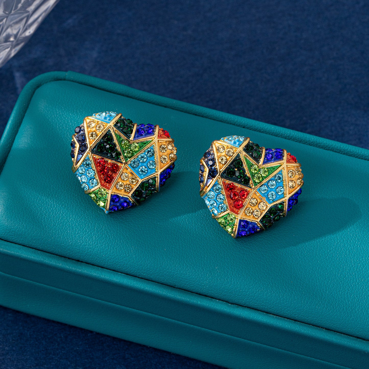 Heart Shape Enamel Earrings For Unisex Featuring Multicolor Rhinestones And Zinc Alloy With 925 Sterling Silver Stud