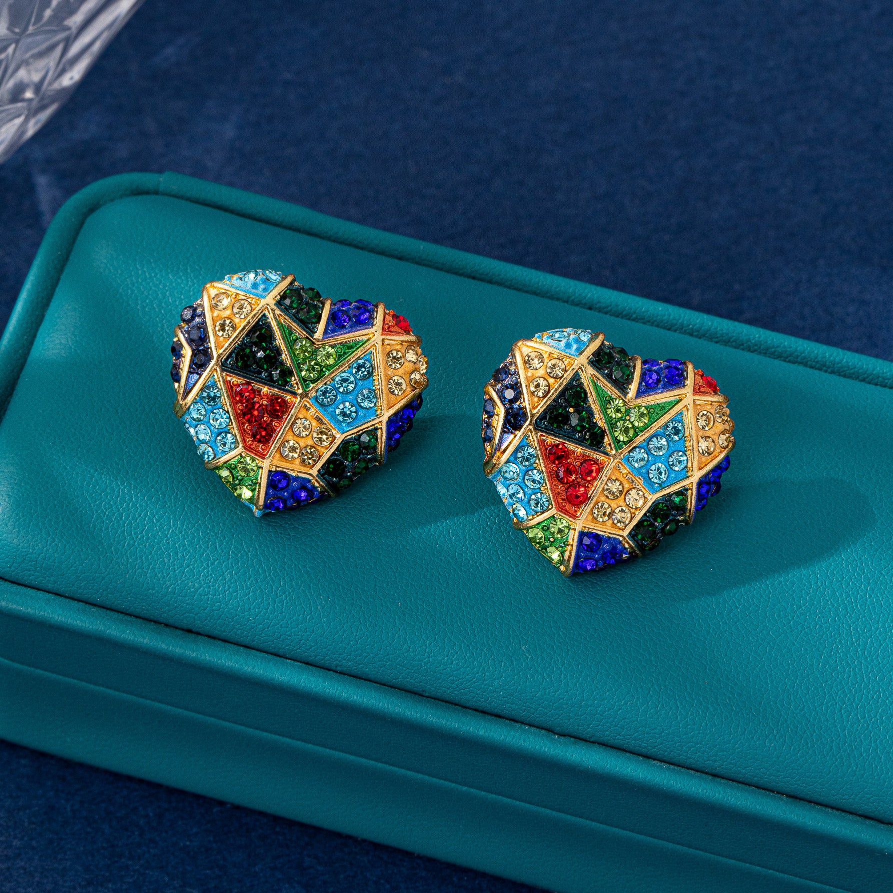 Heart Shape Enamel Earrings For Unisex Featuring Multicolor Rhinestones And Zinc Alloy With 925 Sterling Silver Stud
