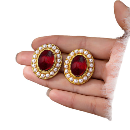 Oval Stud Earrings For Women In Wine Red Featuring Imitation Pearl With 925 Sterling Silver Ear Pins