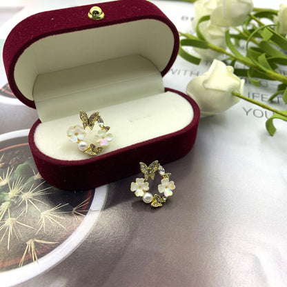 Sweet Silver Flowers Stud Earrings For Women With Electroplated Metal And Artificial Gemstones Inlay