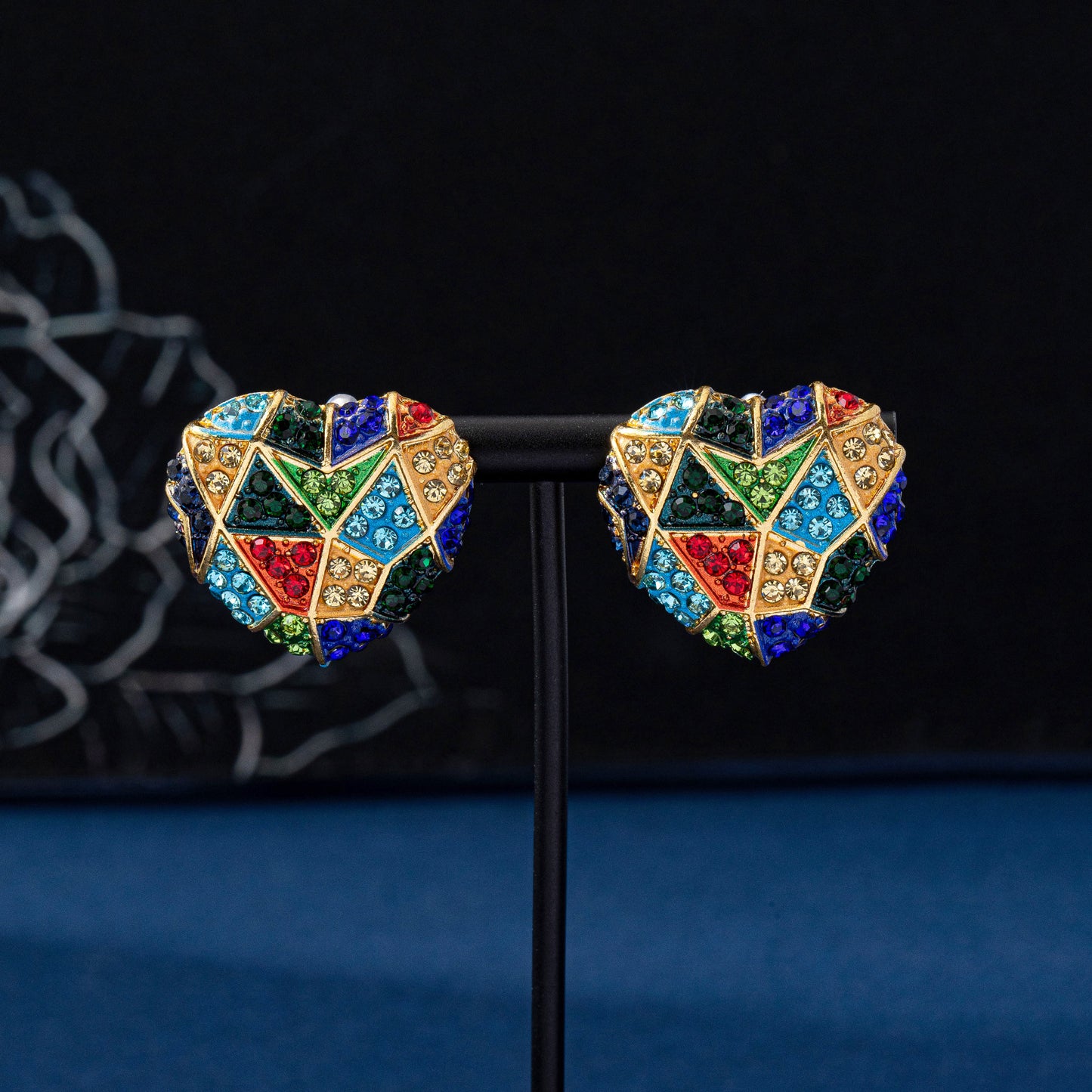 Heart Shape Enamel Earrings For Unisex Featuring Multicolor Rhinestones And Zinc Alloy With 925 Sterling Silver Stud