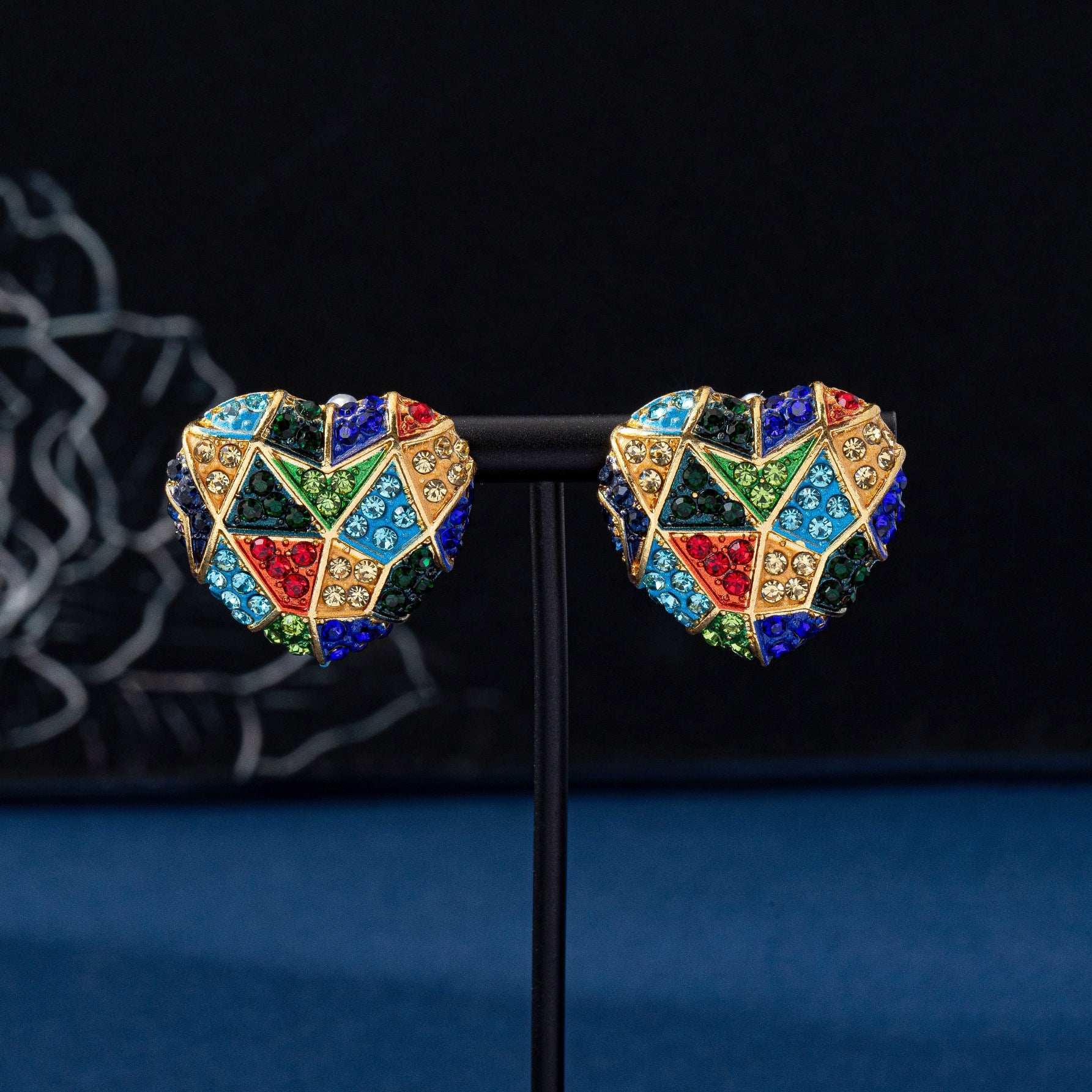 Heart Shape Enamel Earrings For Unisex Featuring Multicolor Rhinestones And Zinc Alloy With 925 Sterling Silver Stud