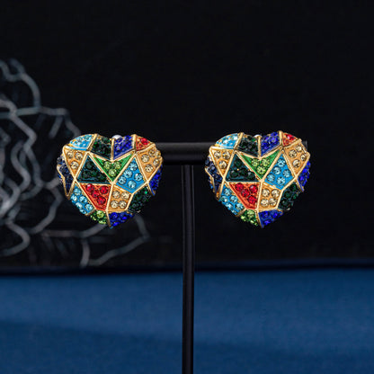 Heart Shape Enamel Earrings For Unisex Featuring Multicolor Rhinestones And Zinc Alloy With 925 Sterling Silver Stud