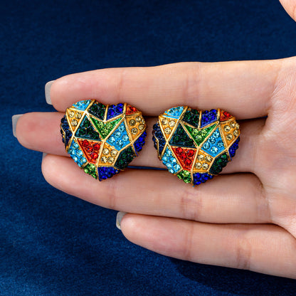 Heart Shape Enamel Earrings For Unisex Featuring Multicolor Rhinestones And Zinc Alloy With 925 Sterling Silver Stud
