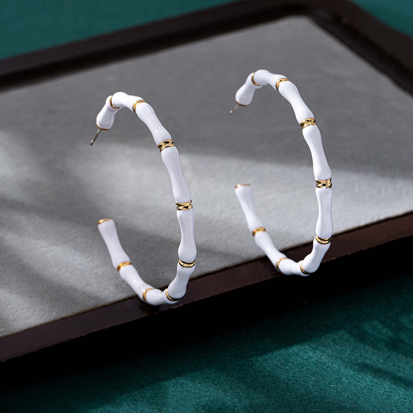 Bamboo Enamel Earrings For Unisex Featuring White Alloy Design With 925 Sterling Silver Studs