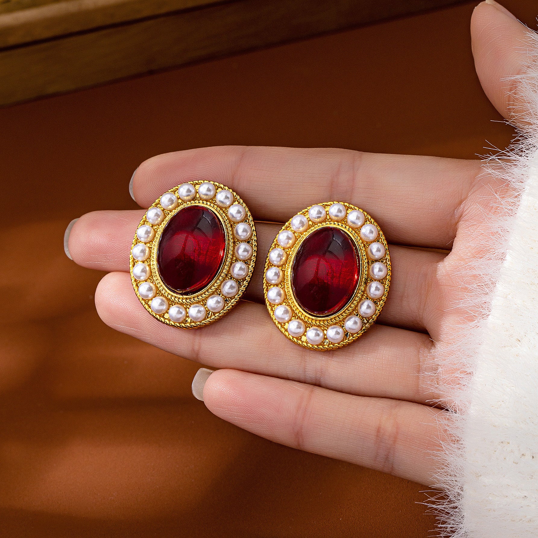 Oval Stud Earrings For Women In Wine Red Featuring Imitation Pearl With 925 Sterling Silver Ear Pins