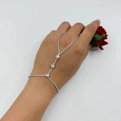 Heart Shape Hand Chain Bracelet For Women In Silver Alloy With Rhinestones, Featuring Electroplated Finish