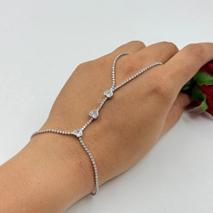 Heart Shape Hand Chain Bracelet For Women In Silver Alloy With Rhinestones, Featuring Electroplated Finish