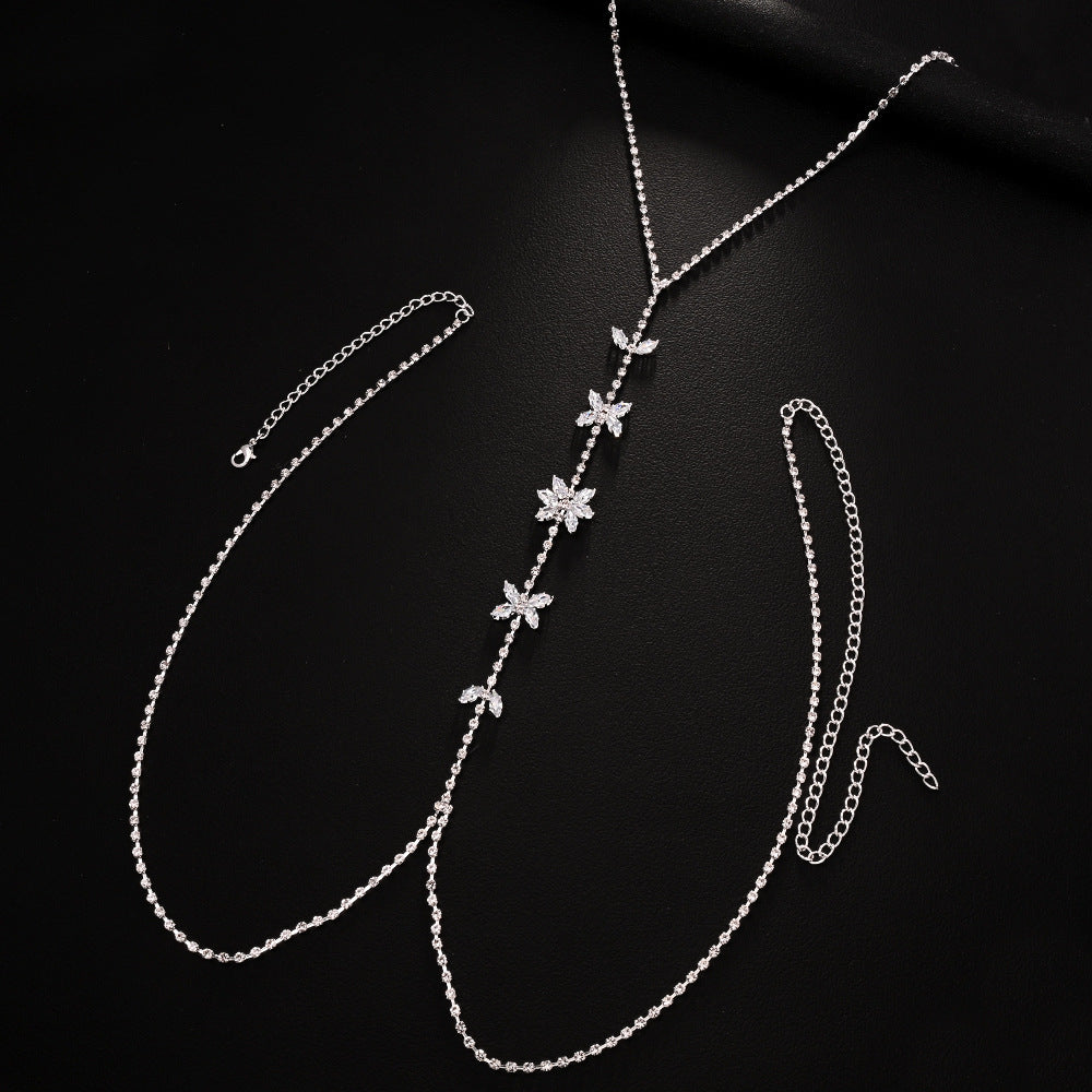 Silver Body Chain For Women With Butterfly Pattern, Rhinestones And White Crystal Inlay, Electroplated Copper Plated Chest Jewelry