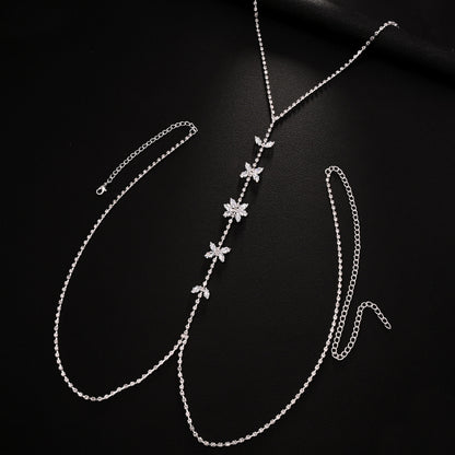 Silver Body Chain For Women With Butterfly Pattern, Rhinestones And White Crystal Inlay, Electroplated Copper Plated Chest Jewelry