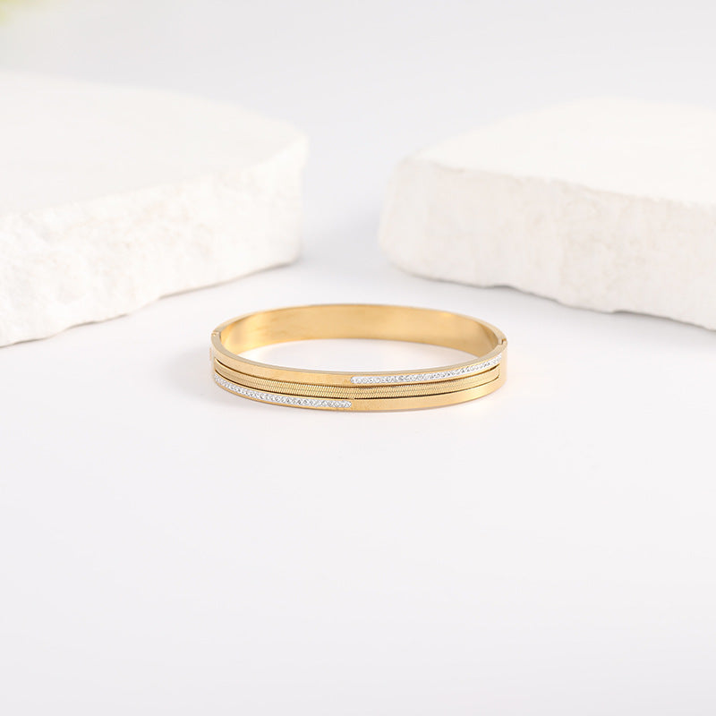Stripe Bangle For Women In Titanium Steel With Rhinestone Inlay