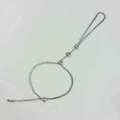 Heart Shape Hand Chain Bracelet For Women In Silver Alloy With Rhinestones, Featuring Electroplated Finish