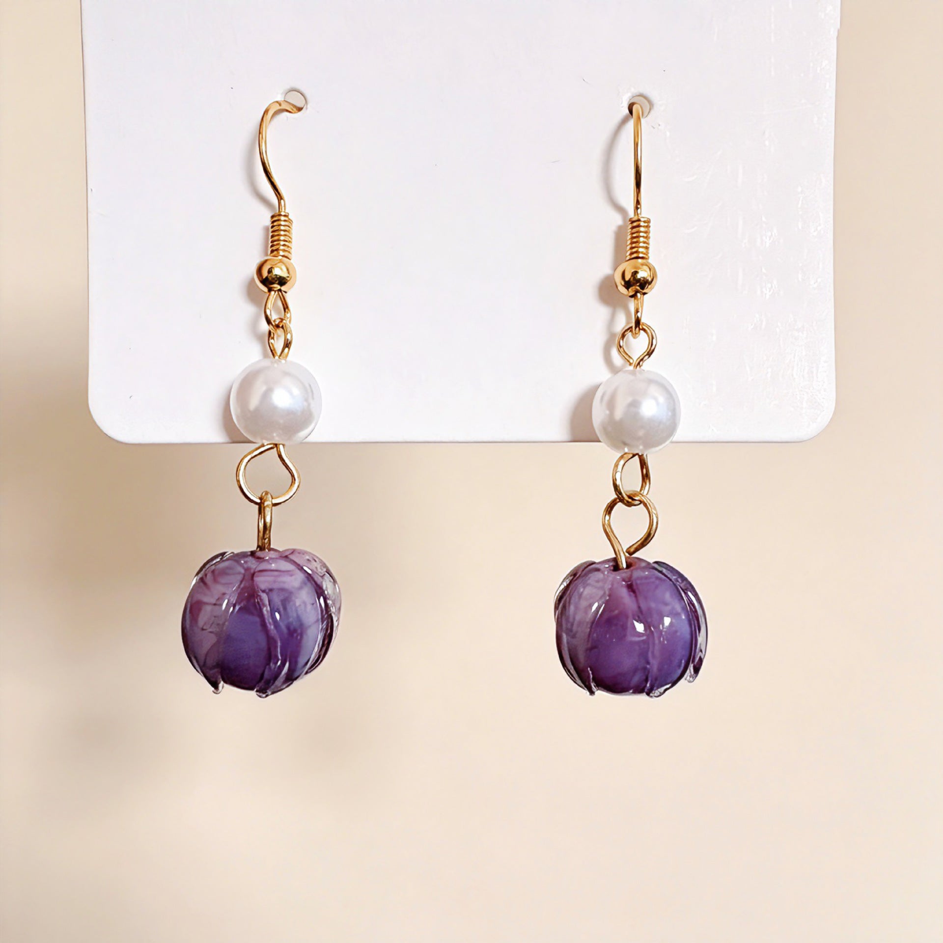 Sweet Purple Glass Flower Clip Earrings For Unisex Featuring Glass Inlay, Perfect Stud Earrings
