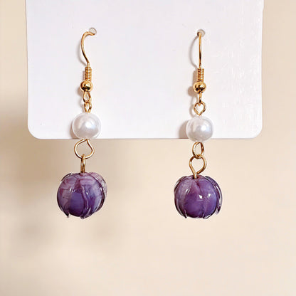 Sweet Purple Glass Flower Clip Earrings For Unisex Featuring Glass Inlay, Perfect Stud Earrings