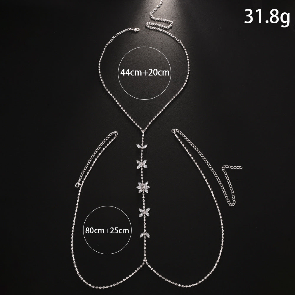 Silver Body Chain For Women With Butterfly Pattern, Rhinestones And White Crystal Inlay, Electroplated Copper Plated Chest Jewelry