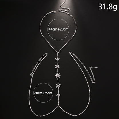 Silver Body Chain For Women With Butterfly Pattern, Rhinestones And White Crystal Inlay, Electroplated Copper Plated Chest Jewelry