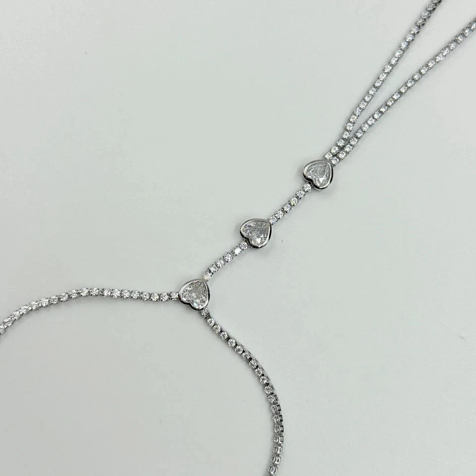 Heart Shape Hand Chain Bracelet For Women In Silver Alloy With Rhinestones, Featuring Electroplated Finish