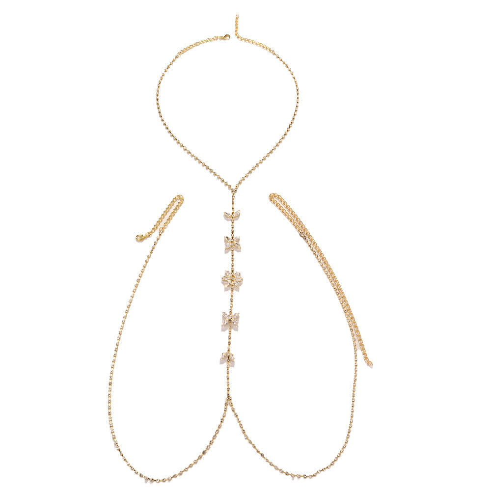 Silver Body Chain For Women With Butterfly Pattern, Rhinestones And White Crystal Inlay, Electroplated Copper Plated Chest Jewelry