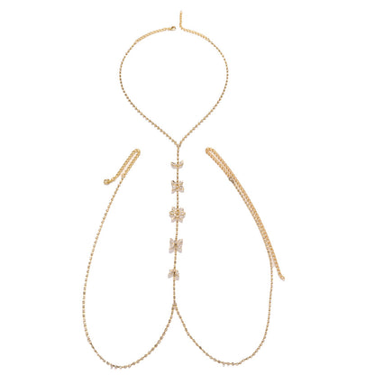 Silver Body Chain For Women With Butterfly Pattern, Rhinestones And White Crystal Inlay, Electroplated Copper Plated Chest Jewelry