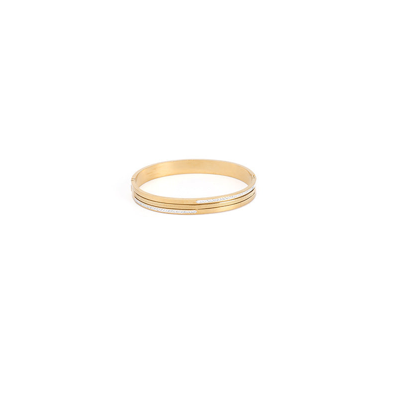 Stripe Bangle For Women In Titanium Steel With Rhinestone Inlay