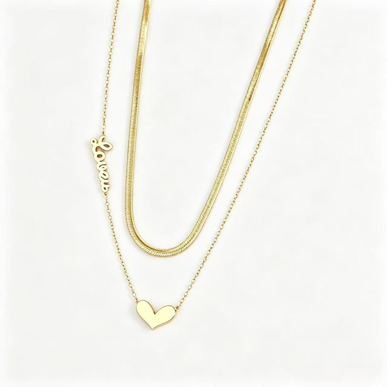 Heart Shape Double Layer Necklaces For Women In Titanium Steel With Waterproof Non Tarnish PVD Coated Real Gold Plated Snake Chain