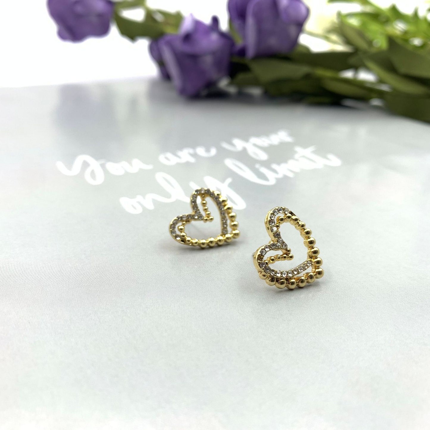 Sweet Heart Shape Stud Earrings For Women In Silver Alloy With Rhinestone Inlay