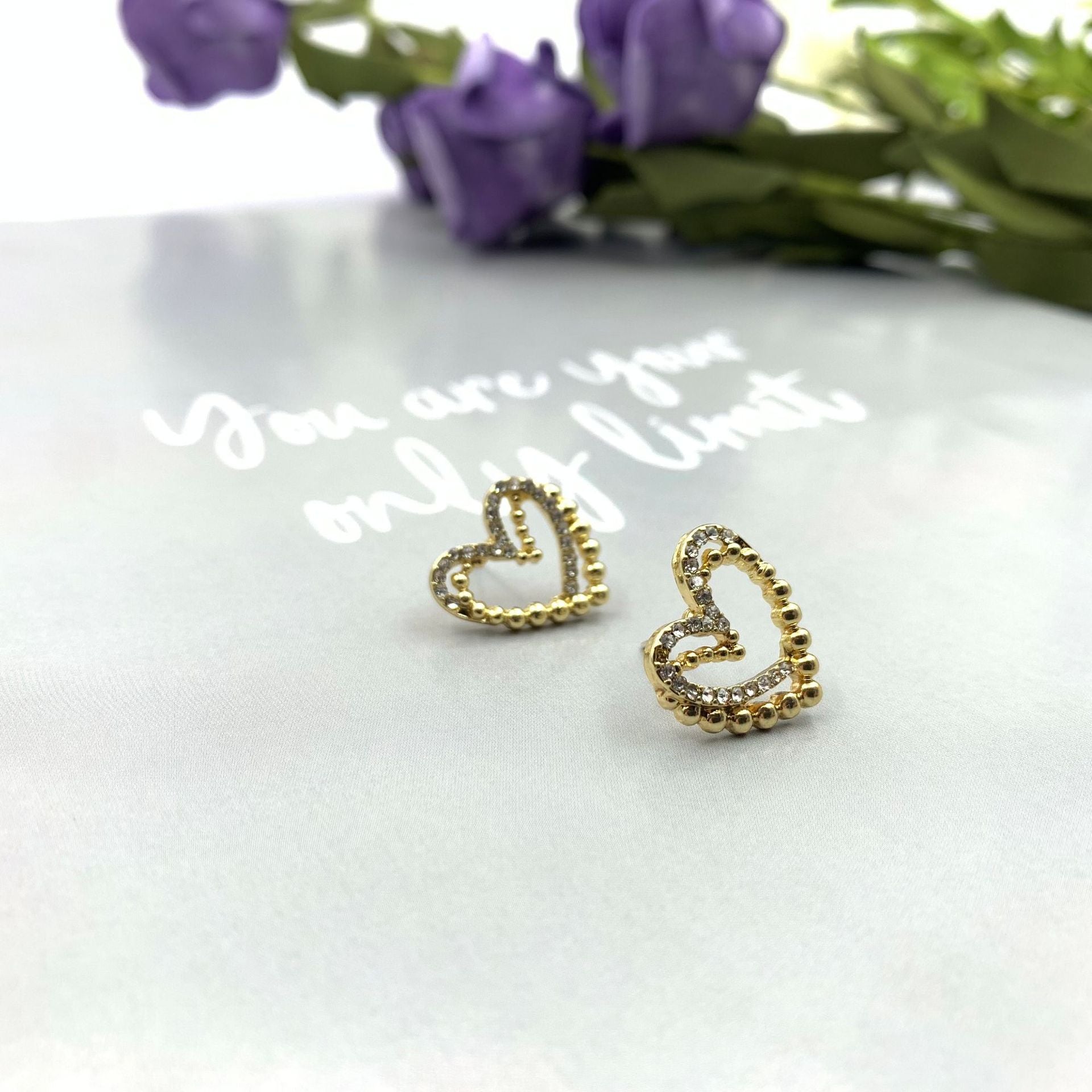 Sweet Heart Shape Stud Earrings For Women In Silver Alloy With Rhinestone Inlay