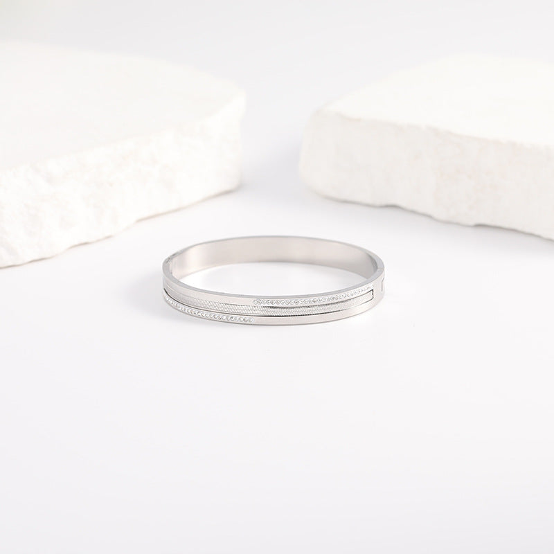 Stripe Bangle For Women In Titanium Steel With Rhinestone Inlay