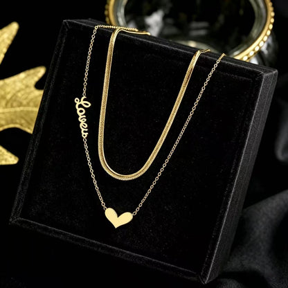 Heart Shape Double Layer Necklaces For Women In Titanium Steel With Waterproof Non Tarnish PVD Coated Real Gold Plated Snake Chain