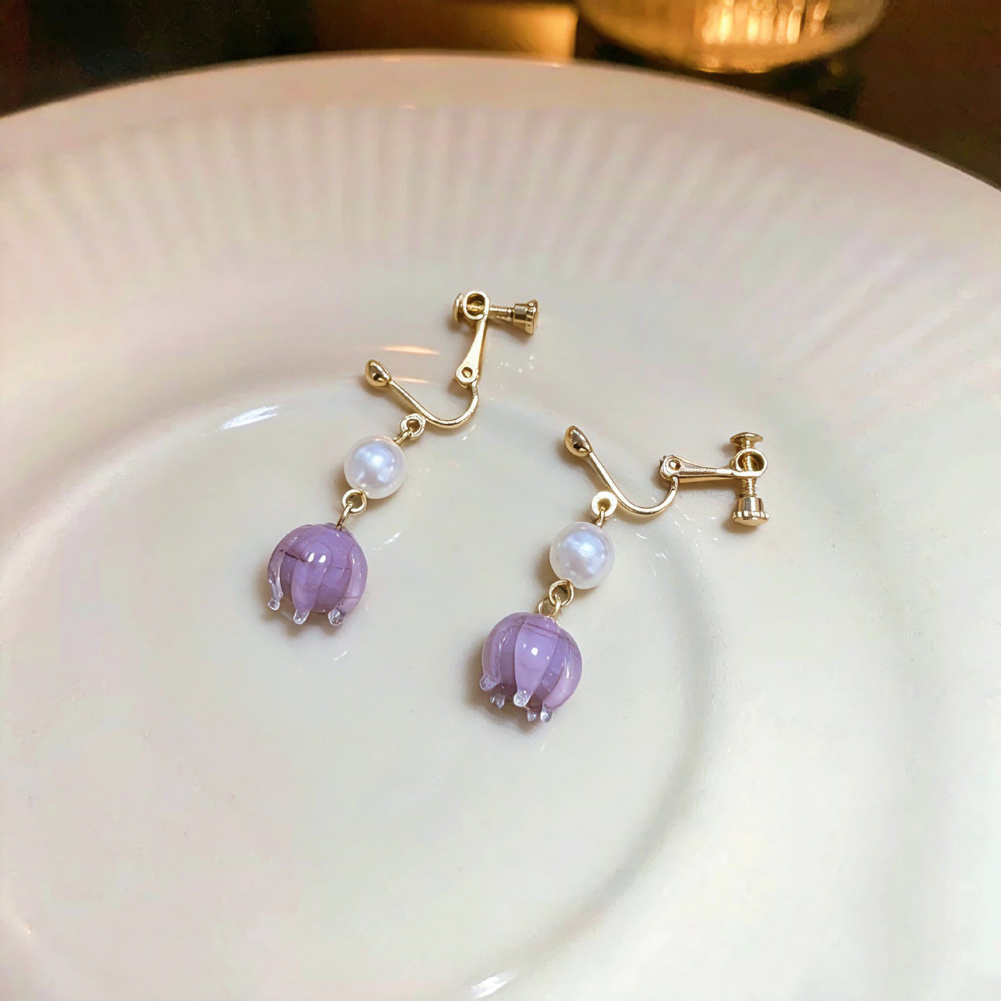 Sweet Purple Glass Flower Clip Earrings For Unisex Featuring Glass Inlay, Perfect Stud Earrings