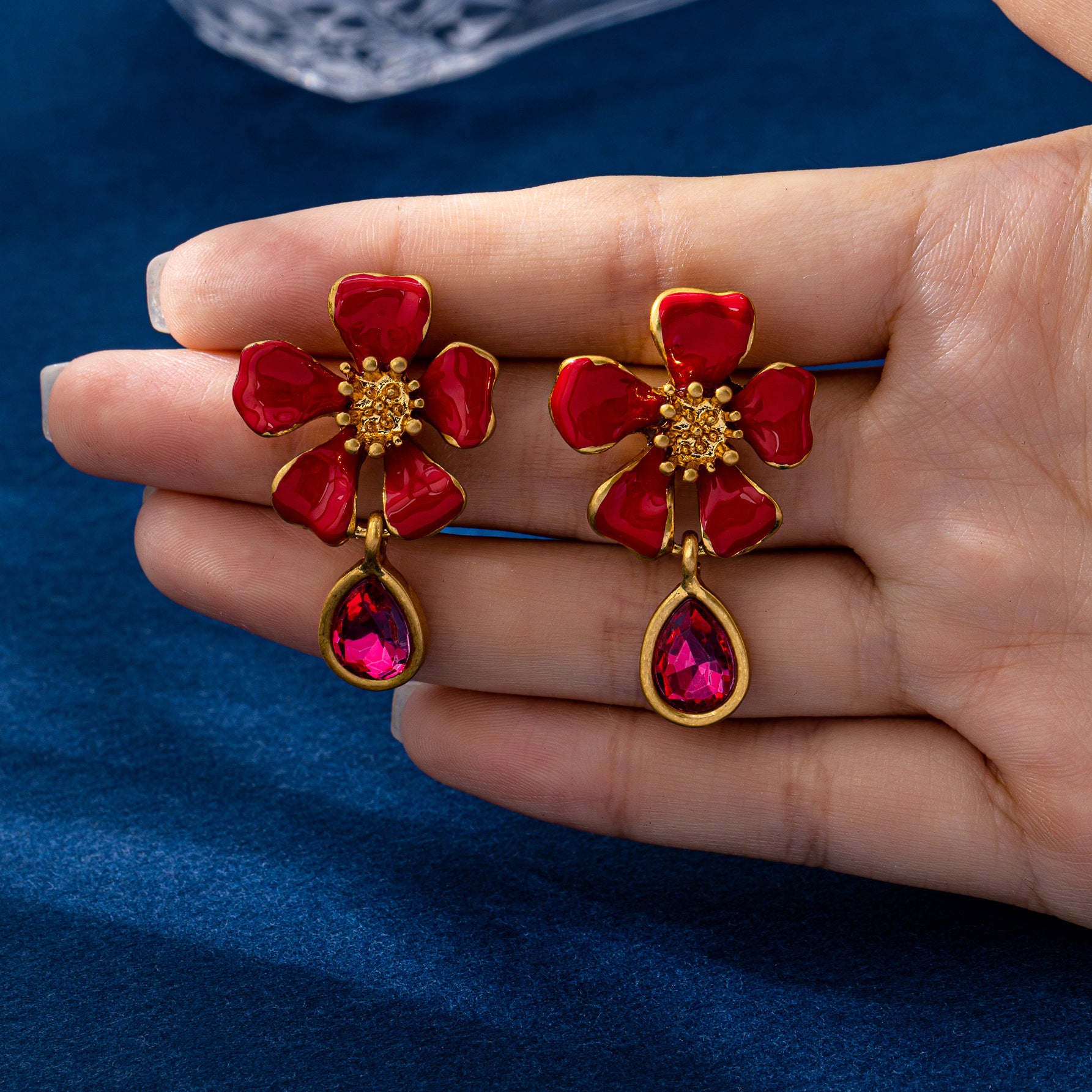 Oil Painting Enamel Red Drop Earrings For Women In Electroplated Zinc Alloy, Clip Earrings