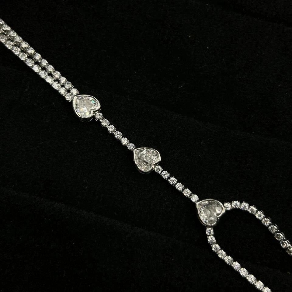 Heart Shape Hand Chain Bracelet For Women In Silver Alloy With Rhinestones, Featuring Electroplated Finish