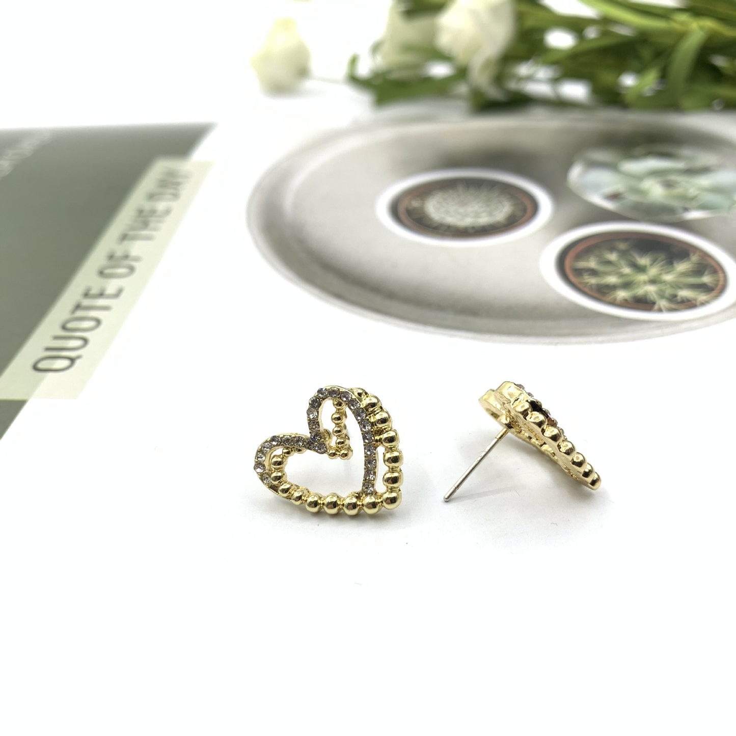 Sweet Heart Shape Stud Earrings For Women In Silver Alloy With Rhinestone Inlay