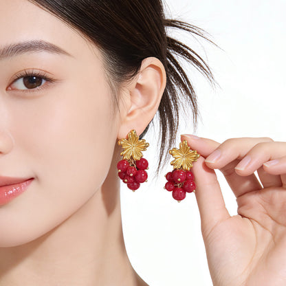 Retro Wine Red Leaf Drop Earrings For Women In Zinc Alloy, Available As Clip Earrings