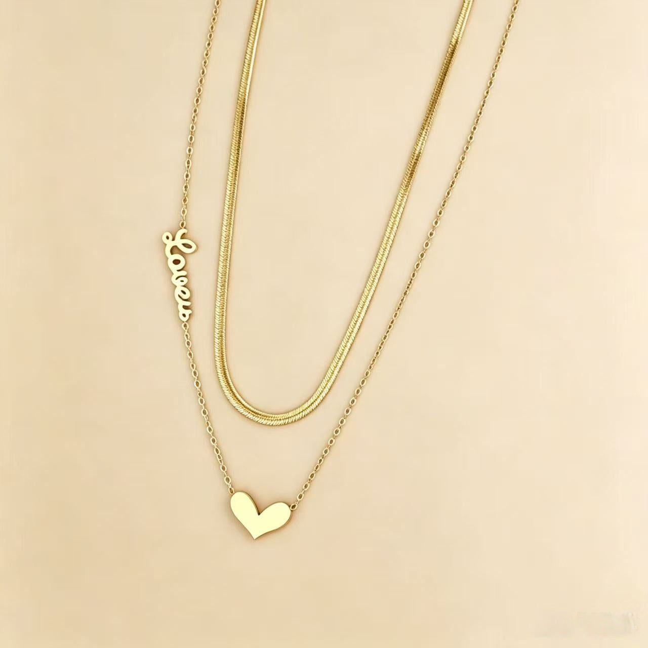 Heart Shape Double Layer Necklaces For Women In Titanium Steel With Waterproof Non Tarnish PVD Coated Real Gold Plated Snake Chain