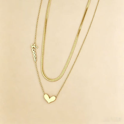 Heart Shape Double Layer Necklaces For Women In Titanium Steel With Waterproof Non Tarnish PVD Coated Real Gold Plated Snake Chain
