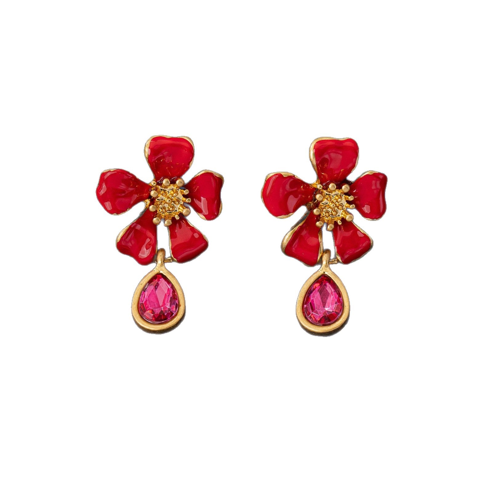 Oil Painting Enamel Red Drop Earrings For Women In Electroplated Zinc Alloy, Clip Earrings