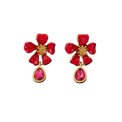 Oil Painting Enamel Red Drop Earrings For Women In Electroplated Zinc Alloy, Clip Earrings