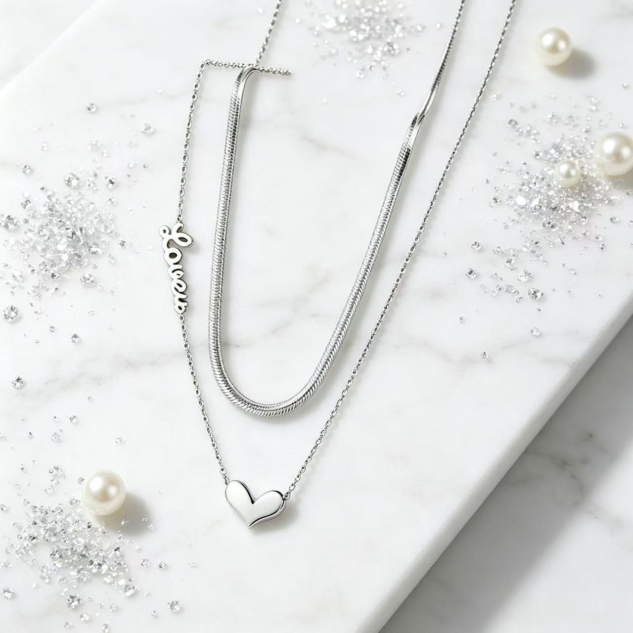 Heart Shape Double Layer Necklaces For Women In Titanium Steel With Waterproof Non Tarnish PVD Coated Real Gold Plated Snake Chain