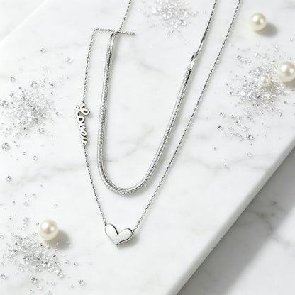 Heart Shape Double Layer Necklaces For Women In Titanium Steel With Waterproof Non Tarnish PVD Coated Real Gold Plated Snake Chain